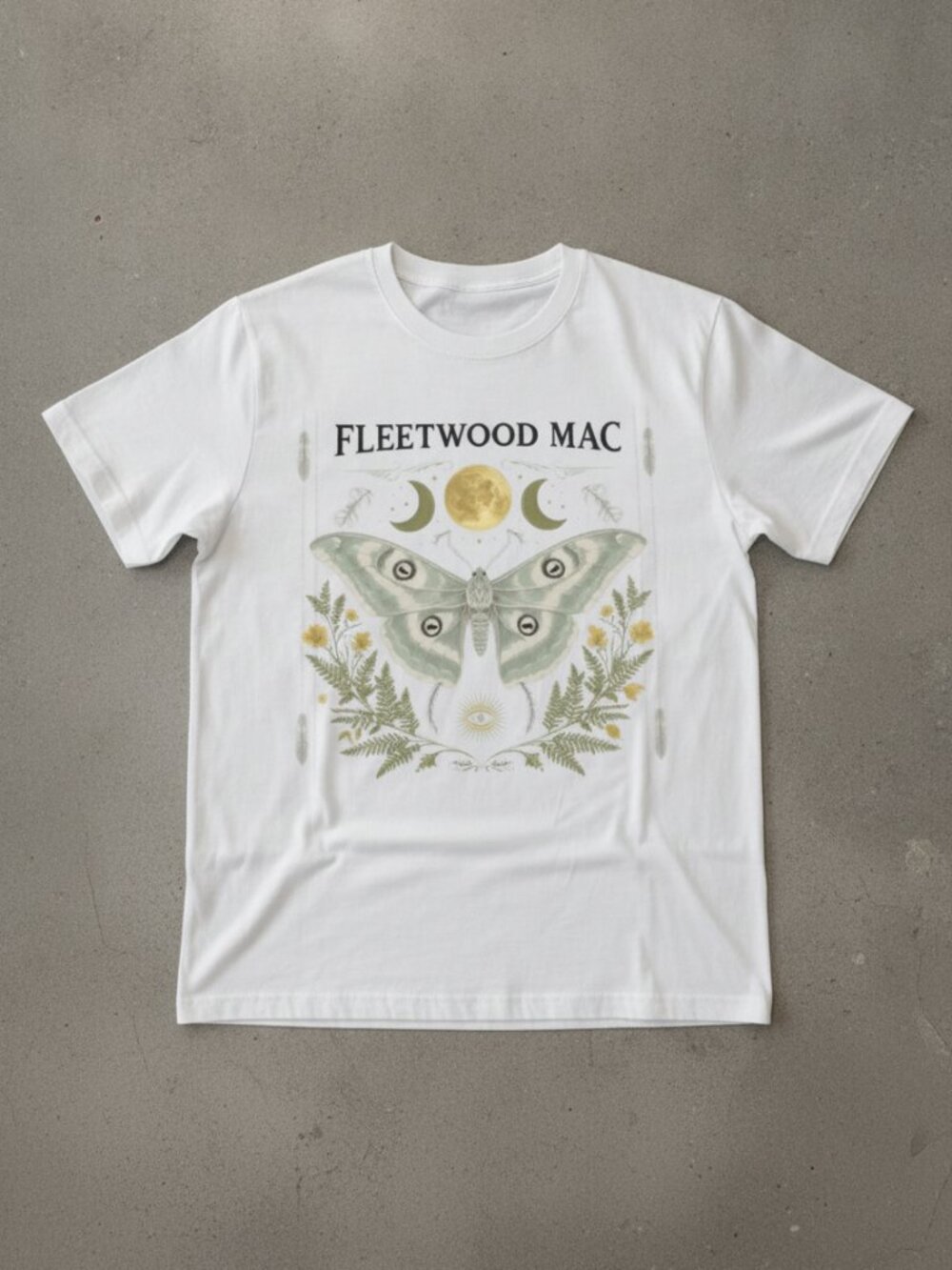 Fleetwood Mac Moth Graphic Tee | Celestial Moon & Botanical White T-Shirt